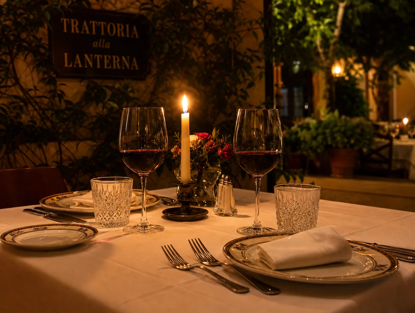 Intimate table setting with flickering candlelight and wine glasses