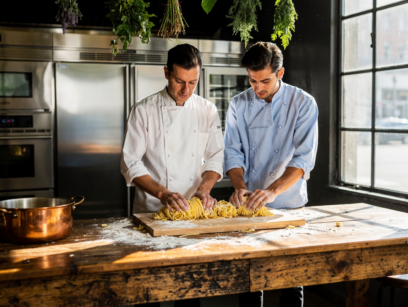 Chefs preparing fresh handmade pasta behind the basalt kitchen counter