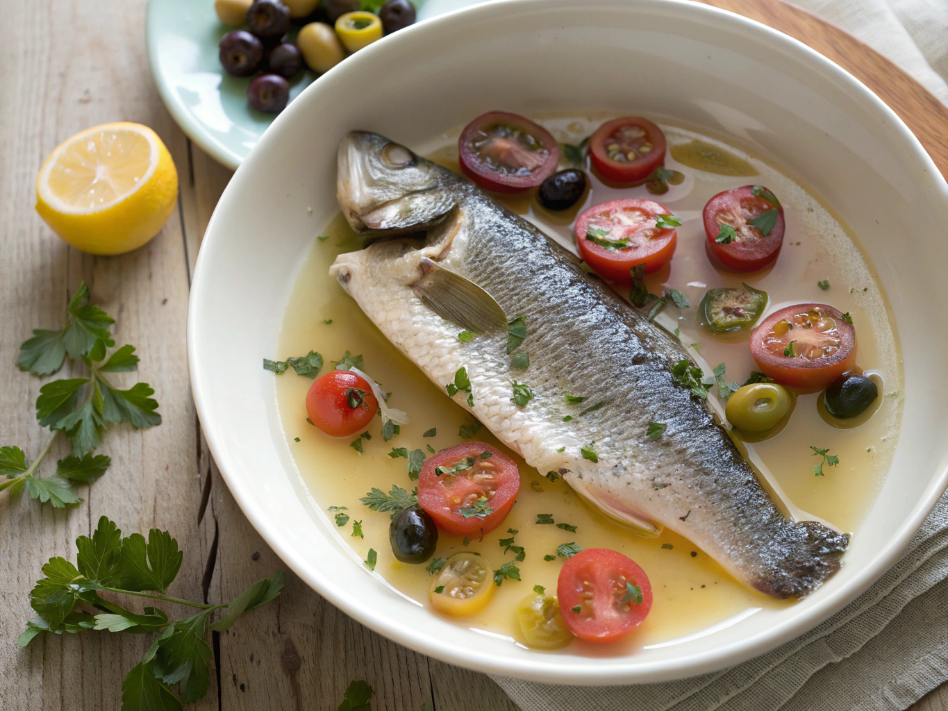 Pan-roasted Mediterranean branzino in aromatic tomato broth