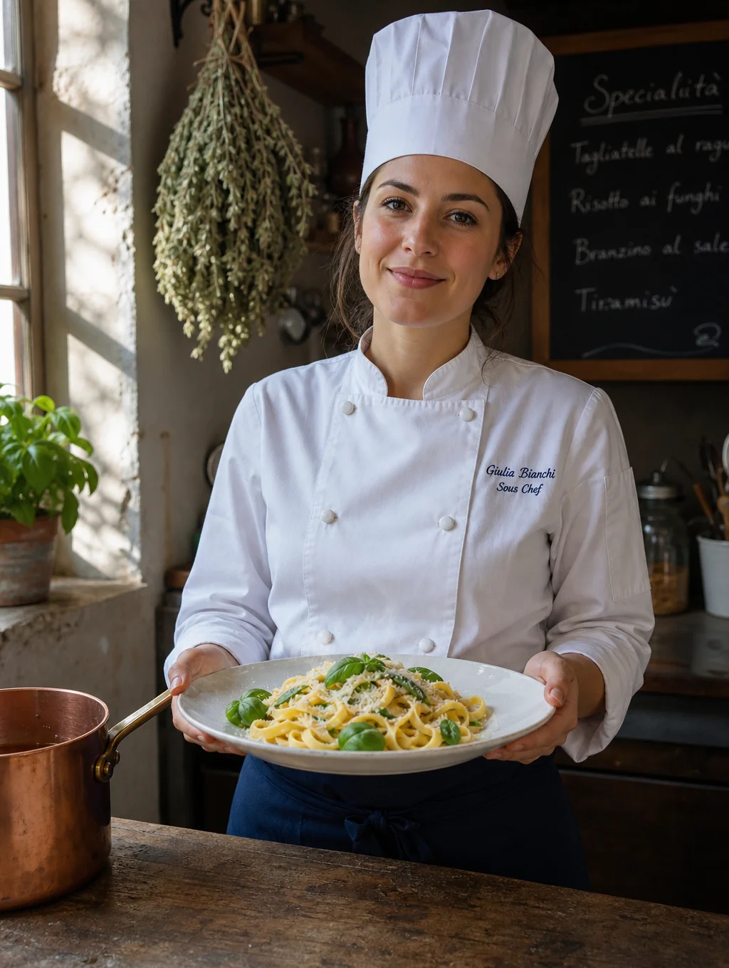 Sous Chef Lucia Romano plating artisanal seasonal pasta dish