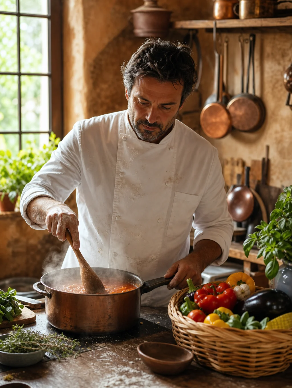 Executive Head Chef Marco Bianchi in culinary uniform preparing handmade pasta