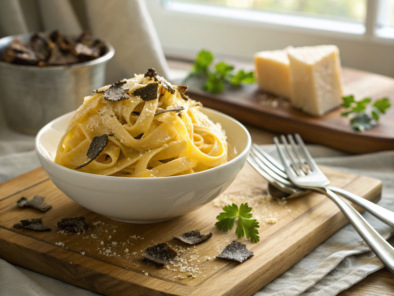 Handcrafted tagliatelle with shaved truffles and cold-pressed olive oil