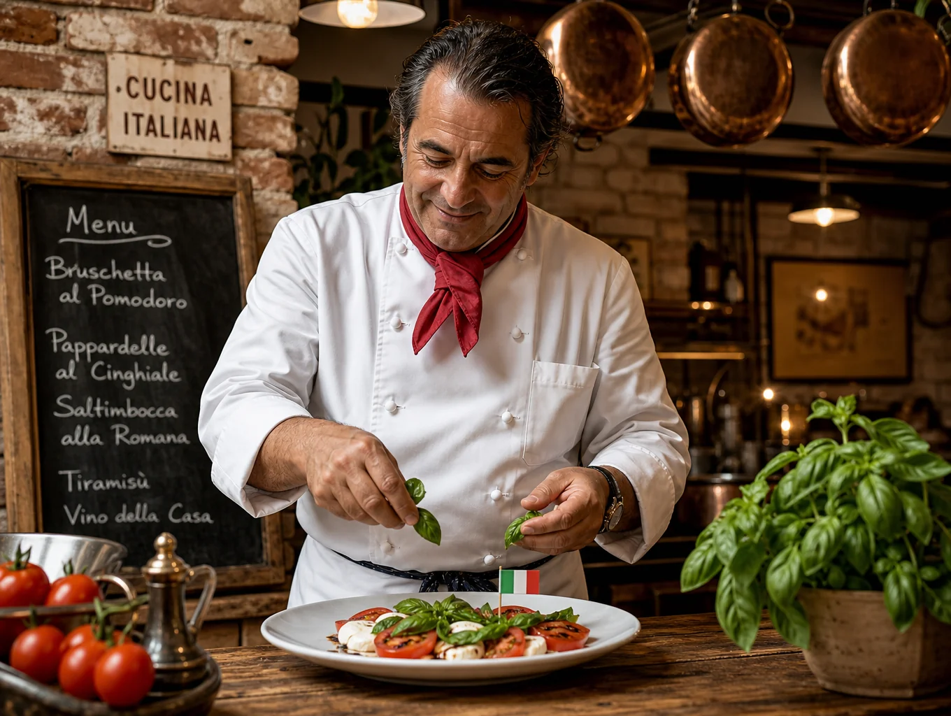 Chef Lucia Romano carefully garnishing seasonal antipasti near wood fire embers