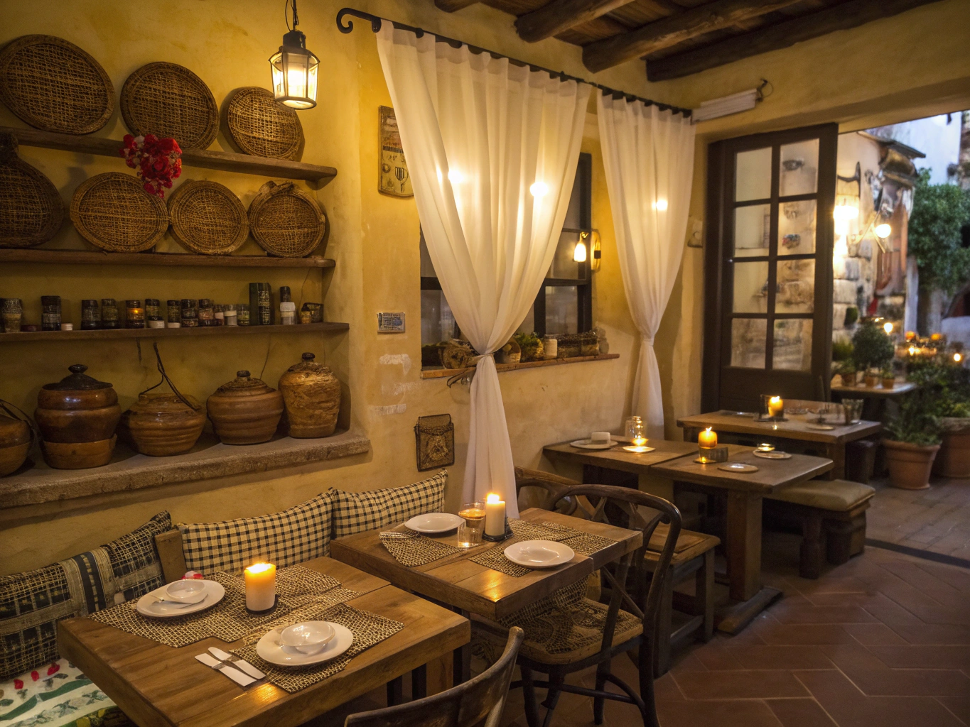 Candlelit linen dining tables in an intimate evening trattoria setting