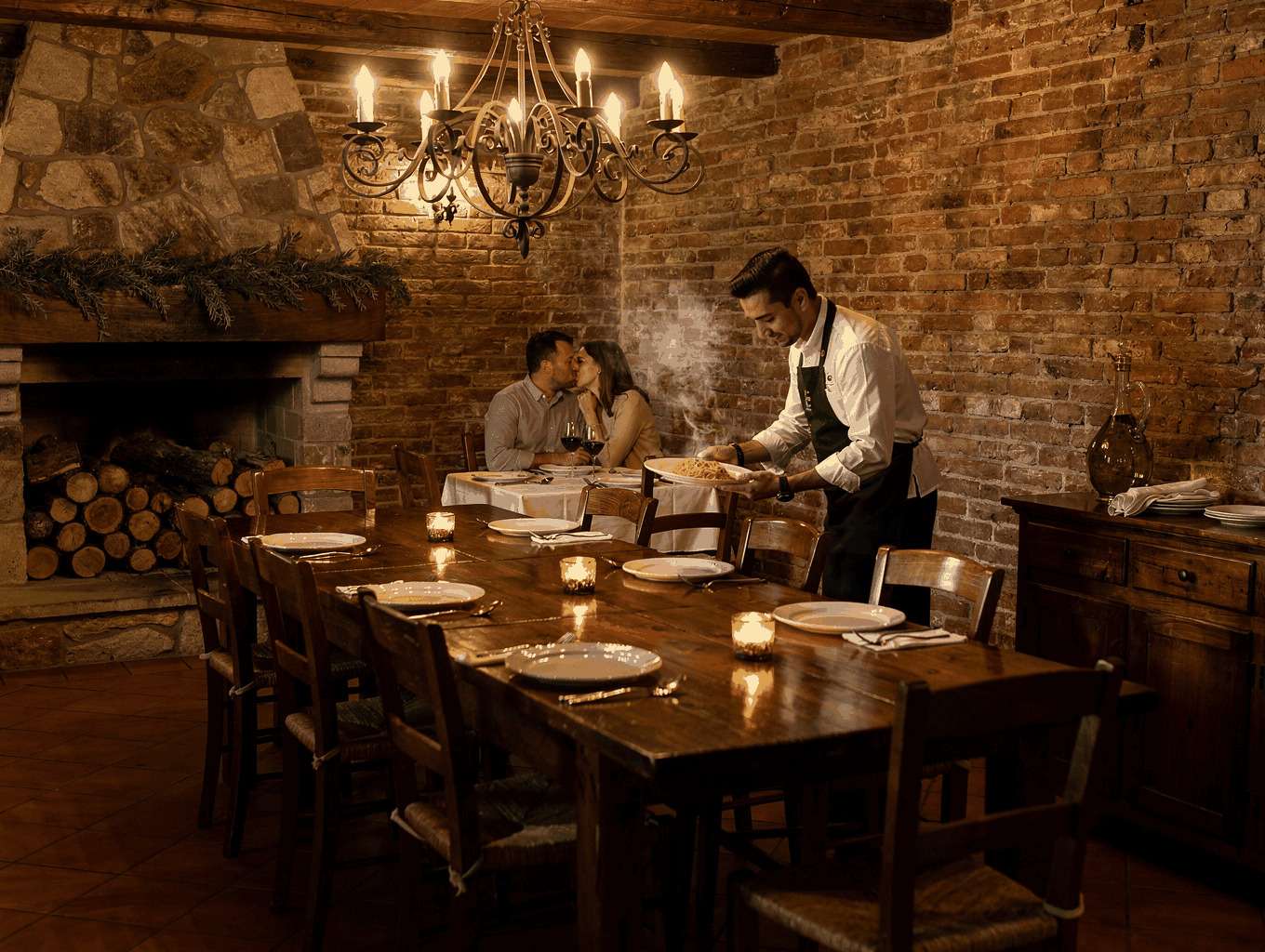 Warm candlelit dining tables and contemporary Italian interior