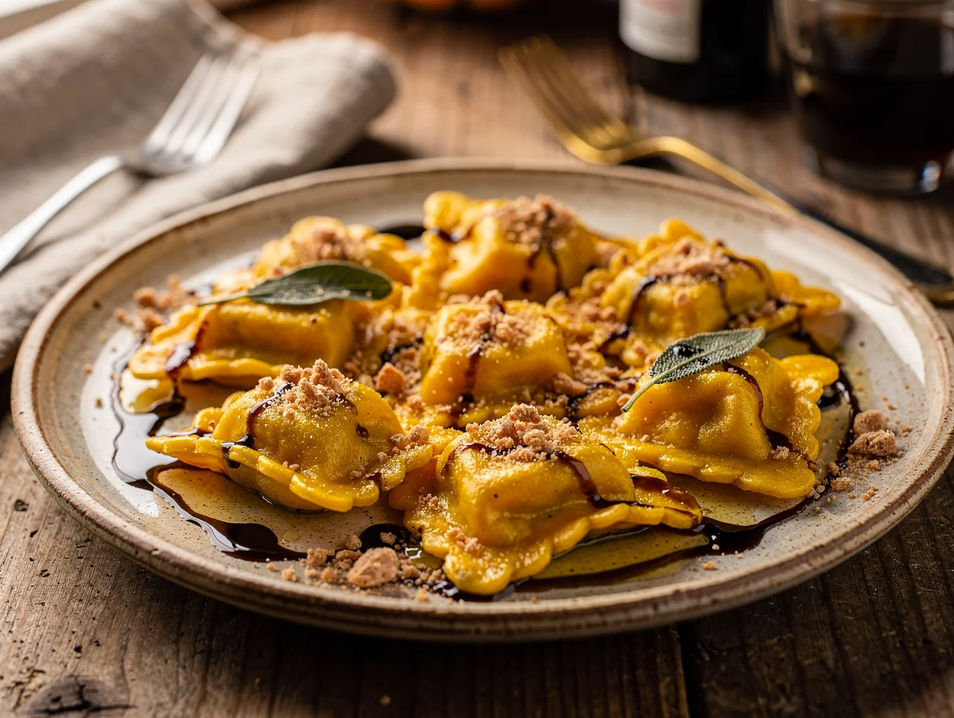 Plated artisanal pumpkin tortelli with browned butter and sage